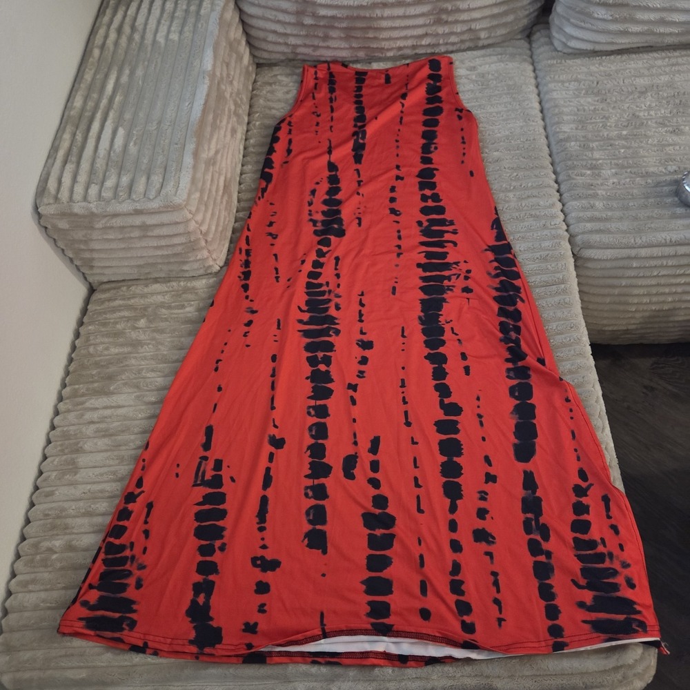 Womens XL Red Black Abstract Pattern Maxi Dress Sleeveless V-Neck Long - Picture 2 of 10